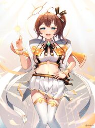 Rule 34 | 1girl, absurdres, ahoge, alternate costume, aqua eyes, blush, bracelet, brown hair, cat hair ornament, collarbone, commentary, dvdarts, english commentary, gem, hair ornament, halo, highres, hololive, jewelry, light rays, looking at viewer, midriff, natsuiro matsuri, navel, open mouth, ribbon, short hair, side ponytail, skirt, smile, solo, sunbeam, sunlight, thighhighs, twitter username, virtual youtuber, zettai ryouiki