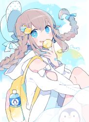 Rule 34 | + +, 1girl, absurdres, animal, artist name, backpack, bag, bandaid, bandaid on hand, bare shoulders, baseball cap, bird, blue background, blue bow, blue eyes, blue hat, blue nails, blue shirt, blurry, blurry background, bottle, bow, braid, brown hair, chon (chon33v), depth of field, fingernails, food, food-themed hair ornament, fruit, hair between eyes, hair bow, hair ornament, hat, highres, hood, hood down, hooded jacket, jacket, lemon, lemon hair ornament, lemon slice, long hair, long sleeves, looking at viewer, nail polish, open clothes, open jacket, original, parted lips, penguin, polka dot, polka dot bow, puffy long sleeves, puffy sleeves, shirt, sidelocks, signature, sitting, smile, solo, symbol-shaped pupils, twin braids, twintails, unmoving pattern, unworn hat, unworn headwear, water bottle, white jacket