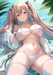 Rule 34 | 1girl, :o, anchorage (azur lane), anchorage (dolphins and swim lessons) (azur lane), azur lane, bikini, blush, breasts, brown hair, highres, large breasts, long hair, looking at viewer, lying, manda (manda9n), navel, on back, parted lips, red eyes, solo, stomach, swimsuit, thighhighs, twintails, very long hair, water, wet, white bikini, white thighhighs