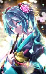 Rule 34 | 1girl, akino coto, aqua eyes, aqua hair, blurry, blurry background, commentary, flower, folded fan, folding fan, food-themed hair ornament, hair flower, hair ornament, hand fan, hatsune miku, highres, japanese clothes, kimono, long hair, looking at viewer, new year, obi, sash, solo, spring onion, twintails, very long hair, vocaloid