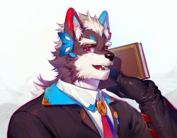 Rule 34 | 1boy, absurdres, animal ear fluff, animal ears, bara, black gloves, black jacket, body fur, bolo tie, book, brown fur, brown hair, collared jacket, collared shirt, dongbomu, fangs, furry, furry male, gloves, grey background, hand up, highres, holding, holding book, jacket, long hair, looking at viewer, male focus, open mouth, original, red eyes, shirt, simple background, thick eyebrows, upper body, white background, white fur, white hair, white shirt, wolf boy, wolf ears