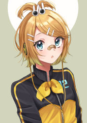 Rule 34 | 1girl, :o, absurdres, bandaid, bandaid on face, bandaid on nose, blonde hair, blue eyes, blush, cable, earphones, hair ornament, hairclip, highres, huge filesize, jacket, kagamine rin, looking at viewer, multicolored clothes, multicolored jacket, project diva (series), rennrenn214, solo, stylish energy (module), two-tone jacket, vocaloid, yellow jacket, zipper