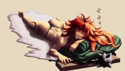 Rule 34 | 1girl, absurdres, ass, barefoot, closed eyes, drawfag, drooling, g-string, headband, highres, kneepits, long hair, lying, mace, messy hair, nail polish, on stomach, panties, queen&#039;s blade, red hair, red nails, risty (queen&#039;s blade), risty (queen's blade), scar, sleeping, solo, spiked mace, spikes, tattoo, thong, toned, topless, underwear, weapon, wilderness bandit risty