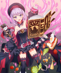 Rule 34 | 1girl, bacon, bare shoulders, belt, book, bread, butter, detached sleeves, egg, fate/grand order, fate (series), flat chest, food, helena blavatsky (fate), helena blavatsky (third ascension) (fate), lettuce, looking at viewer, mustard, onion, open mouth, purple eyes, purple hair, ronopu, short hair, smile, solo, thighhighs, tomato