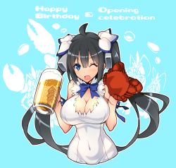 Rule 34 | 10s, 1girl, ;d, alcohol, beer, beer mug, black hair, blue background, blue eyes, breasts, cleavage, cleavage cutout, clothing cutout, covered navel, crab, cup, dungeon ni deai wo motomeru no wa machigatteiru darou ka, female focus, hair ribbon, happy birthday, hestia (danmachi), large breasts, long hair, looking at viewer, mug, one eye closed, open mouth, ribbon, simple background, sin6, smile, solo, twintails, very long hair