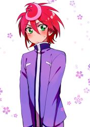 Rule 34 | 10s, 1boy, blush, cardfight!! vanguard, cardfight!! vanguard g, flower, green eyes, highres, male focus, multicolored hair, pink hair, red hair, shindou chrono, simple background, solo, two-tone hair, upper body, white background, yuu (7862260010)