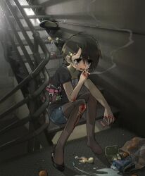 Rule 34 | 1girl, absurdres, accident, arms on knees, bag, bag charm, black eyes, black hair, black pantyhose, black shirt, bleeding, blood, blush, character charm, charm (object), cigarette, commentary, crying, crying with eyes open, cutoffs, denim, denim shorts, dropped food, egg (food), egg carton, english commentary, food, full body, gir (invader zim), groceries, hair behind ear, hair ornament, hairclip, high heels, highres, holding, holding cigarette, injury, invader zim, lovell (v311), original, pantyhose, railing, sad, scrape, scraped knee, shirt, shoes, short hair, short sleeves, shorts, shoulder bag, single shoe, sitting, sitting on stairs, smoke trail, smoking, solo, spill, spilled milk, stairs, stairwell, tears, wavy eyes