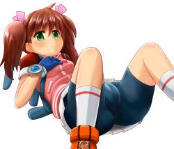 Rule 34 | 1girl, ass, backpack, bag, bike shorts, boots, brown hair, cameltoe, fat mons, gloves, green eyes, highres, jacket, long hair, lying, m.m, on back, ribbon, saru getchu, sayaka (saru getchu), shorts, simple background, skirt, socks, solo, spread legs, twintails