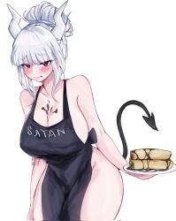 Rule 34 | 1girl, apron, blush, bowing, breasts, chocolate, chocolate on body, chocolate on breasts, cleavage, curvy, demon girl, demon horns, demon tail, food, food in mouth, food on body, helltaker, highres, holding, holding plate, horns, large breasts, lucifer (helltaker), mole, mole under eye, naked apron, okitao, pancake, plate, red eyes, solo, tail, thick thighs, thighs, white background, white hair, white horns, wide hips