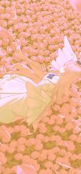 Rule 34 | 1girl, absurdres, angel wings, blue archive, blue ribbon, capelet, closed eyes, commentary, cross, dress, english commentary, field, flower, flower field, hair ornament, halo, highres, komodo, long hair, low wings, lying, mika (blue archive), on back, pink flower, pink hair, pink halo, ribbon, sleeping, solo, trinity general school logo, very long hair, white capelet, white dress, white wings, wing ornament, wings