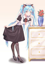 Rule 34 | 1girl, alternate costume, animal ear fluff, animal ears, apron, beige background, black dress, black footwear, black hairband, black pantyhose, blue eyes, blue hair, blush, breasts, cat ears, cha chya, commentary, dress, enmaided, fake animal ears, flower, full body, gradient background, hair between eyes, hair ribbon, hairband, hatsune miku, high heels, highres, leaning forward, long hair, looking at viewer, maid, maid apron, maid headdress, medium breasts, neck ribbon, pantyhose, pink ribbon, puffy short sleeves, puffy sleeves, red flower, red rose, ribbon, rose, shadow, short sleeves, skirt hold, smile, solo, standing, twintails, vase, very long hair, vocaloid, wardrobe, white apron, white background