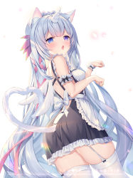 Rule 34 | 1girl, animal ear fluff, animal ears, apron, backless outfit, black dress, blue eyes, blue hair, blush, cat ears, cat girl, cat tail, commentary request, dress, fang, feathered wings, frilled apron, frilled dress, frills, garter belt, garter straps, hair ribbon, heart, heart tail, highres, horns, indie virtual youtuber, long hair, maid, ninico (vtuber), open mouth, paw pose, pink ribbon, ribbon, sannio, simple background, single horn, single wrist cuff, skindentation, solo, tail, thighhighs, thighs, unicorn, very long hair, virtual youtuber, white apron, white background, white thighhighs, winged unicorn, wings, wrist cuffs