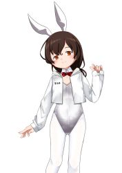 Rule 34 | 1girl, alternate costume, animal ears, bow, bowtie, braid, brown hair, collarbone, cowboy shot, detached collar, fake animal ears, flat chest, highres, hood, hooded jacket, hoodie, jacket, kantai collection, leotard, long hair, nassukun, open clothes, open jacket, orange eyes, pantyhose, playboy bunny, rabbit ears, red bow, red bowtie, simple background, single braid, smile, solo, souya (kancolle), standing, traditional bowtie, white background, white jacket, white leotard, white pantyhose