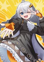 Rule 34 | 1girl, absurdres, ahoge, black dress, black jacket, blue eyes, blush, bracelet, braid, breasts, collared dress, cross tie, dress, emphasis lines, fingerless gloves, frilled skirt, frills, from below, gloves, grey hair, hair between eyes, hair ornament, highres, jacket, jewelry, kizuna akari, large breasts, layered skirt, long hair, nise no tsubo, one eye closed, open clothes, open jacket, open mouth, orange gloves, orange pantyhose, pantyhose, reaching, reaching towards viewer, skirt, smile, solo, star (symbol), starry background, striped clothes, striped gloves, striped pantyhose, twin braids, two-sided fabric, v, v over eye, vertical-striped clothes, vertical-striped gloves, vertical-striped pantyhose, very long hair, voiceroid, white hair