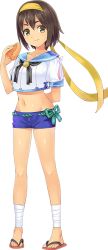 Rule 34 | 1girl, arm behind back, artist request, brown hair, food, full body, hachimaki, headband, holding, holding food, midriff, navel, official art, onigiri, oshiro project:re, oshiro project:re, short hair, short shorts, shorts, solo, transparent background, tsuruga (oshiro project), yellow eyes