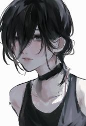 Rule 34 | 1girl, black choker, black eyes, black hair, black tank top, blush, chainsaw man, choker, commentary, eyelashes, hair between eyes, inuo (inuo x), lips, looking at viewer, medium hair, parted lips, reze (chainsaw man), simple background, solo, tank top, upper body, white background