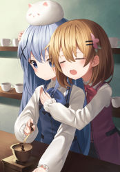Rule 34 | 2girls, :t, angora rabbit, animal, animal on head, arm up, black skirt, blue bow, blue eyes, blue hair, blue vest, blush, bow, brown hair, rabbit, closed mouth, coffee grinder, collared shirt, commentary, cup, closed eyes, gochuumon wa usagi desu ka?, hair ornament, hairclip, hand on another&#039;s head, highres, hoto cocoa, hug, hug from behind, indoors, kafuu chino, long hair, long sleeves, momingie, multiple girls, on head, open mouth, pink vest, pouch, puffy long sleeves, puffy sleeves, rabbit house uniform, red bow, shirt, skirt, sleeves past wrists, symbol-only commentary, tears, tippy (gochiusa), uniform, very long hair, vest, waitress, white shirt, x hair ornament