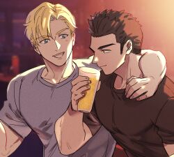 Rule 34 | 2boys, alcohol, ao isami, arm around shoulder, bara, beer, black hair, blonde hair, couple, facial hair, lewis smith, lowres, maji (m), male focus, multiple boys, pectorals, shirt, sideburns stubble, smile, stubble, t-shirt, thick eyebrows, upper body, yaoi, yuuki bakuhatsu bang bravern