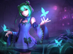 Rule 34 | 1girl, blue dress, blue sleeves, bug, butterfly, commentary request, detached sleeves, dress, fog, green hair, hair bun, hair ornament, highres, hololive, house, insect, itsuki kunihiro, looking at viewer, medium hair, moon, red eyes, sleeveless, sleeveless dress, solo, tree, uruha rushia, uruha rushia (1st costume), virtual youtuber