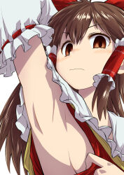 1girl arm_up armpits blush bow brown_eyes brown_hair detached_sleeves frilled_hair_tubes frilled_shirt_collar frilled_sleeves frills hair_bow hair_tubes hakurei_reimu highres looking_at_viewer making-of medium_hair presenting_armpit red_bow red_shirt ribbon-trimmed_sleeves ribbon_trim shirt solo takumi117 touhou upper_body