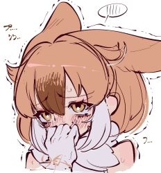 Rule 34 | 1girl, animal ears, bare shoulders, blush, bow, brown hair, commentary, dhole (kemono friends), dog ears, dog girl, extra ears, gloves, kemono friends, kemono friends 3, looking at viewer, multicolored hair, notora, pun, short hair, solo, spoken blush, stifled laugh, two-tone hair, white hair