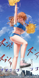 Rule 34 | 1girl, blue shirt, blue skirt, breasts, brown eyes, cheerleader, city, cityscape, cloud, copyright request, crushing, destruction, fire, giant, giantess, highres, large breasts, midriff, one eye closed, open mouth, orange hair, rakia (ds00309), shirt, shoes, skirt, smile, smoke, solo, stomping, underboob, yellow pom poms