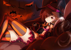 Rule 34 | 1girl, bare shoulders, elbow gloves, fingerless gloves, gloves, halloween, hat, jack-o&#039;-lantern, lamchun (2006), long hair, looking at viewer, lying, on back, original, pointy ears, ponytail, pumpkin, red eyes, silver hair, skirt, smile, solo, striped clothes, striped thighhighs, thighhighs, vertical-striped clothes, vertical-striped thighhighs, witch hat