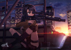 Rule 34 | 1girl, bad id, bad pixiv id, black hair, bolt action, brown eyes, city, commentary, computer, crossed legs, dreadtie, gun, highres, laptop, original, revision, rifle, short hair, sitting, sky, sniper, sniper rifle, solo, star (sky), starry sky, sunset, thigh strap, trigger discipline, weapon