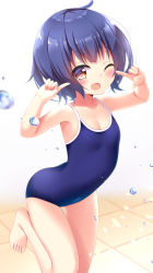 Rule 34 | 1girl, barefoot, blue hair, blue one-piece swimsuit, brown eyes, commentary request, competition school swimsuit, cowboy shot, fang, flat chest, gochuumon wa usagi desu ka?, hatsuhi, highres, jouga maya, one-piece swimsuit, open mouth, school swimsuit, short hair, smile, solo, standing, standing on one leg, swimsuit, thigh gap