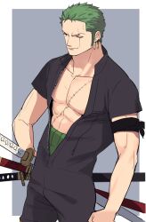 Rule 34 | 1boy, abs, bara, black jumpsuit, collarbone, cowboy shot, earrings, green hair, grey background, highres, jewelry, jumpsuit, looking afar, male focus, muscular, muscular male, one eye closed, one piece, open clothes, pectorals, roronoa zoro, scar, scar across eye, scar on chest, shironegi zzz, short hair, smile, solo, sword, weapon