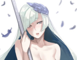 Rule 34 | 1girl, breasts, brynhildr (fate), deras, fate/prototype, fate/prototype: fragments of blue and silver, fate (series), long hair, looking at viewer, lowres, nude, open mouth, silver hair, solo, upper body, very long hair