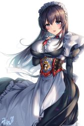 Rule 34 | 1girl, apron, azur lane, black dress, blue eyes, breasts, brown hair, center frills, commission, curacoa (azur lane), dated, dress, frilled apron, frilled hairband, frills, hairband, highres, large breasts, long hair, looking at viewer, maid headdress, necktie, pixiv commission, red necktie, signature, simple background, solo, white apron, white background, xes (xes 5377)