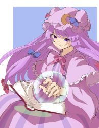 Rule 34 | 1girl, blue background, book, border, bow, bowtie, capelet, closed mouth, commentary request, crescent, crescent hat ornament, dress, fingernails, frilled capelet, frills, hat, hat ornament, hat ribbon, highres, holding, holding book, long hair, long sleeves, mob cap, patchouli knowledge, pink bow, pink bowtie, pink capelet, pink dress, pink hat, purple eyes, purple hair, reading, red ribbon, ribbon, shinmon akika, simple background, smile, solo, striped clothes, striped dress, touhou, vertical-striped clothes, vertical-striped dress, very long hair, white border, wide sleeves