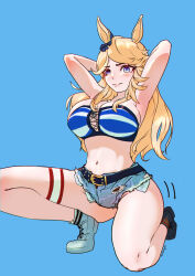 Rule 34 | 1girl, 3:, ? (hahv7888), absurdres, animal ears, armpits, arms up, asymmetrical footwear, bandeau, bare legs, bare shoulders, belt, black belt, black footwear, blonde hair, blue background, blue eyes, boots, breasts, cleavage, commentary request, denim, denim shorts, gold city (umamusume), highres, horse ears, large breasts, long hair, midriff, mismatched footwear, navel, short shorts, shorts, simple background, solo, stomach, strapless, striped bandeau, thigh strap, thighs, tube top, umamusume, very long hair, white footwear