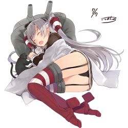 Rule 34 | 10s, 1girl, amatsukaze (kancolle), ass, black cat, black garter straps, black panties, cat, choker, closed eyes, dated, dress, drooling, full body, garter straps, gloves, hair tubes, highres, kantai collection, kou mashiro, long hair, lying, on side, open mouth, panties, pillow, red thighhighs, rensouhou-kun, sailor collar, sailor dress, saliva, signature, silver hair, simple background, single glove, sleeping, solo, striped clothes, striped thighhighs, thighhighs, twintails, two side up, underwear, very long hair, white background