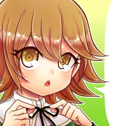 Rule 34 | 10s, 1boy, adjusting clothes, adjusting tie, bad id, bad pixiv id, blush, brown eyes, brown hair, close-up, danganronpa: trigger happy havoc, danganronpa (series), fujisaki chihiro, lowres, male focus, onyang, open mouth, solo, trap, triangle mouth