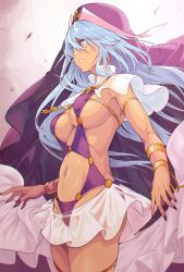 Rule 34 | 1girl, alternate skin color, aradia (toaru), armlet, bikini, blue eyes, blue hair, breasts, capelet, cowboy shot, cross, expressionless, from side, gold bracelet, highres, irokohaku, keyhole, long hair, medium breasts, purple bikini, purple headwear, purple nails, revealing clothes, see-through, see-through capelet, see-through skirt, sideboob, skirt, solo, standing, stomach, swimsuit, tan, toaru majutsu no index, toaru majutsu no index: genesis testament, underboob, very long hair, wimple, wind, wind lift