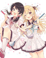 Rule 34 | 2girls, :d, ;d, absurdres, black hair, black ribbon, blonde hair, blue ribbon, blush, bow, brown eyes, collared dress, dress, fang, floral background, flower, golf club, grey background, hair between eyes, hair bow, hair ribbon, highres, holding, long hair, low twintails, multiple girls, neck ribbon, one eye closed, one side up, open mouth, pink bow, pink ribbon, pleated dress, ribbon, sakura oriko, shoe soles, shoes, short sleeves, signature, smile, socks, swing!!, twintails, very long hair, white dress, white flower, white footwear, white legwear