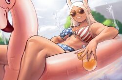 Rule 34 | 1girl, abs, american flag bikini, animal ears, bikini, boku no hero academia, breasts, commentary, cup, dark-skinned female, dark skin, drinking glass, drinking straw, english commentary, feet out of frame, female focus, fingernails, flag print, fourth of july, front-tie bikini top, front-tie top, highres, holding, holding cup, inflatable flamingo, innertube, large breasts, long hair, looking at viewer, lying, mirko, muscular, muscular female, nail polish, on back, outdoors, parted bangs, rabbit ears, rabbit girl, red eyes, smile, solo, sunglasses, swim ring, swimsuit, toned, underboob, water, white hair, yellow-framed eyewear, zukululuu