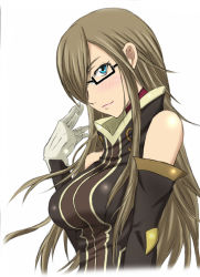 Rule 34 | 00s, 1girl, bare shoulders, bespectacled, blue eyes, breasts, brown hair, glasses, gloves, hair over one eye, k2 (hibiki09), large breasts, long hair, simple background, solo, tales of (series), tales of the abyss, tear grants