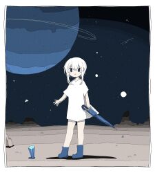 Rule 34 | 1girl, ashi izumo, blue eyes, border, double-parted bangs, dress, full body, highres, holding, holding umbrella, horizon, looking at viewer, night, night sky, no pants, original, outdoors, parted lips, planet, shoes, short hair, short hair with long locks, short sleeves, sidelocks, sky, solo, space, standing, star (sky), ufo, umbrella, white border, white dress, white footwear, white hair
