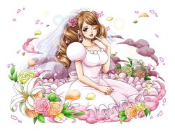 Rule 34 | 1girl, blush, bodskih, breasts, bridal veil, brown eyes, brown hair, charlotte pudding, cleavage, dress, earrings, flower, hair flower, hair ornament, jewelry, leaf, lipstick, long hair, makeup, official art, one eye closed, one piece, one piece treasure cruise, open mouth, petals, sitting, solo, sparkle, transparent background, twintails, veil, wedding dress