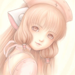 Rule 34 | 00s, 123 (tyamaguch), 1girl, blonde hair, chii, chobits, face, hair tubes, hat, light smile, lips, nurse cap, pink eyes, robot ears, solo, tyamaguch
