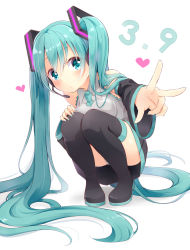Rule 34 | 1girl, 39, aqua eyes, aqua hair, black footwear, blush, boots, detached sleeves, hatsune miku, headset, highres, kneeling, long hair, looking at viewer, natsu (natume0504), necktie, outstretched arm, panties, pantyshot, skirt, solo, striped clothes, striped panties, thigh boots, thighhighs, twintails, underwear, very long hair, vocaloid, white background