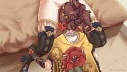 Rule 34 | 2girls, artist name, black gloves, black thighhighs, boots, braid, brown hair, chinese commentary, chiori (genshin impact), commentary request, cunnilingus, da akana xiv, elbow gloves, french braid, genshin impact, gloves, groin, hair bun, hair ornament, hairpin, highres, indoors, japanese clothes, kimono, kneeling, multiple girls, nape, navia (genshin impact), no panties, obi, on bed, oral, sash, short sleeves, sitting, thigh boots, thighhighs, yellow kimono, yuri