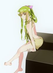 Rule 34 | 1girl, ass, back, bare back, bare shoulders, barefoot, breasts, butt crack, c.c., code geass, feet, green hair, long hair, looking at viewer, medium breasts, meimi k, meme attire, ponytail, sitting, solo, virgin killer sweater, yellow eyes