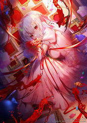 Rule 34 | 1girl, apple caramel, blood, blood from mouth, blurry, blurry background, bouquet, bow, breasts, candy wrapper, closed mouth, commentary, depth of field, dress, dutch angle, english commentary, fate/stay night, fate (series), flower, hair between eyes, hair bow, heaven&#039;s feel, highres, knees up, long hair, looking at viewer, looking to the side, matou sakura, medium breasts, picture frame, pink footwear, puffy short sleeves, puffy sleeves, red bow, red eyes, red flower, red ribbon, ribbon, shoes, short sleeves, silver hair, sitting, smile, solo, white dress