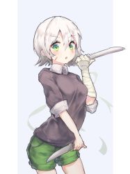 Rule 34 | 1girl, :o, alternate costume, bandaged arm, bandaged hand, bandages, blush, breasts, collared shirt, commentary, facial scar, fate/apocrypha, fate/grand order, fate (series), green eyes, green shorts, grey sweater, greypidjun, hair between eyes, holding, holding knife, holding weapon, jack the ripper (fate/apocrypha), knife, looking at viewer, medium breasts, open mouth, scar, scar across eye, scar on cheek, scar on face, shirt, short hair, short shorts, shorts, silver hair, simple background, sketch, solo, sweater, weapon, white background