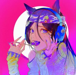 Rule 34 | 1girl, alternate costume, animal ears, artist request, asirpa, bandana, black hair, blue eyes, blue nails, brain, contemporary, eating, fangs, faux (jojo75603535), fingernails, flame print, golden kamuy, hair between eyes, hand on own face, headphones, highres, holding, holding spoon, jewelry, long fingernails, long hair, long sleeves, looking at viewer, nail polish, off shoulder, open mouth, pin, pink background, ring, signature, smiley face, solo, spoon, sticker on face
