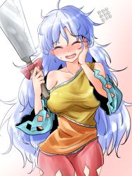Rule 34 | 1girl, bare shoulders, blue hair, blush, bow, breasts, closed eyes, cowboy shot, detached sleeves, gradient background, hand on own cheek, hand on own face, hand up, hatchet, highres, holding, long hair, medium breasts, multicolored background, nata (tool), nose blush, open mouth, oshiaki, red bow, red skirt, sakata nemuno, skirt, smile, solo, touhou, two-tone background, very long hair